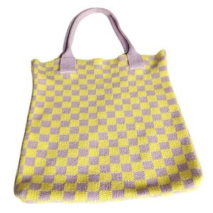 Yellow and Purple Checkered Knit Tote Bag